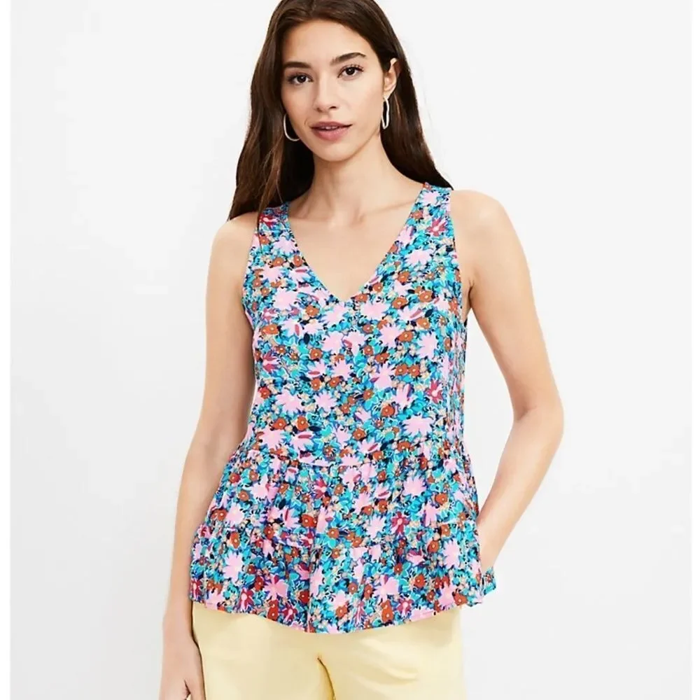 Loft Daisy Double V Peplum Shell Tank Top Floral Print Sz L Pink Blue Green